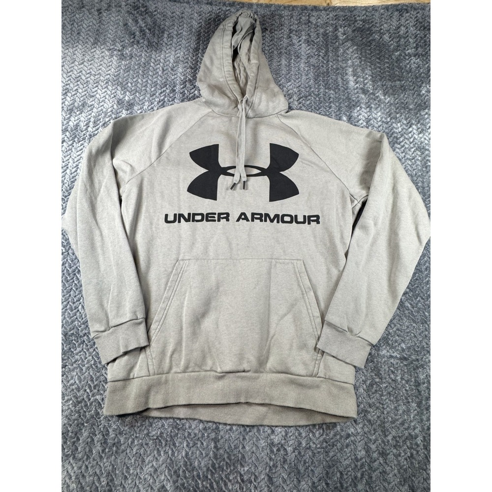 Under Armour Hoodie Mens Medium Beige Spellout Graphic Logo Cotton Fleece‎ Lined